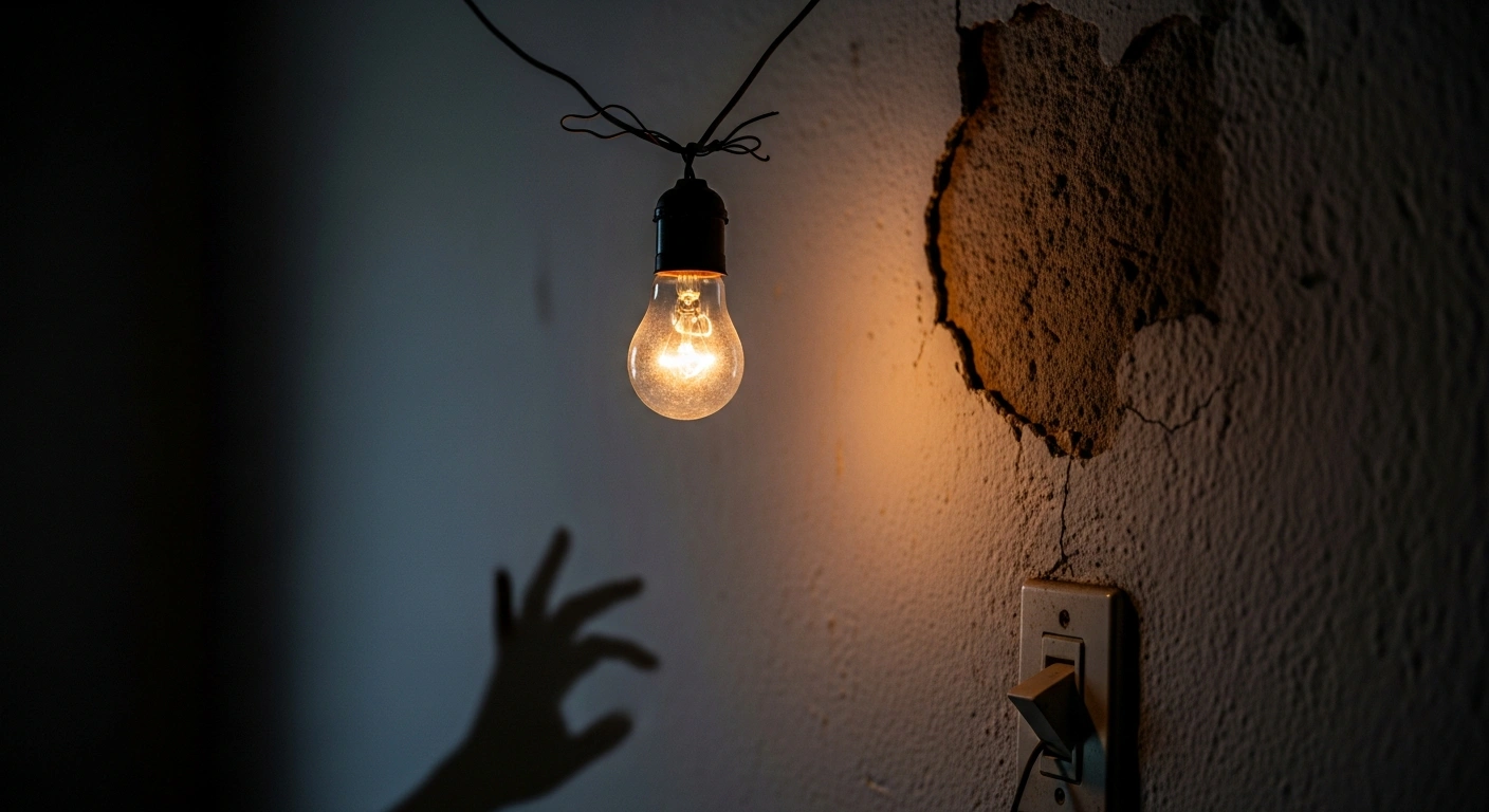 A single, dim incandescent light bulb flickers against a dark, cracked wall, symbolizing the impact of NERSA's approved electricity tariff increases for Eskom in South Africa, aiming to recover R54.7 billion.