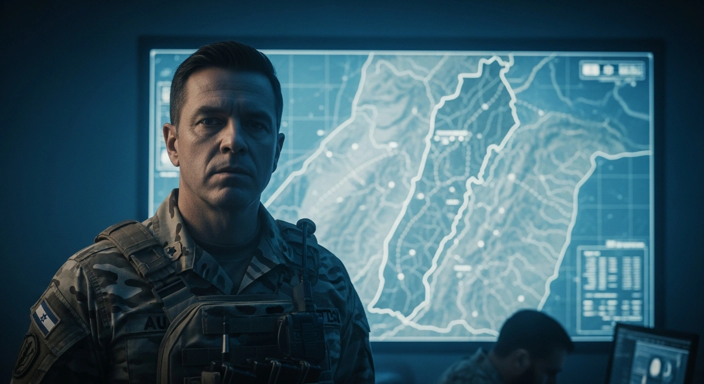 Brigadier General Esmail Qaani stands in a command center in front of a tactical map of the Lebanon border region.