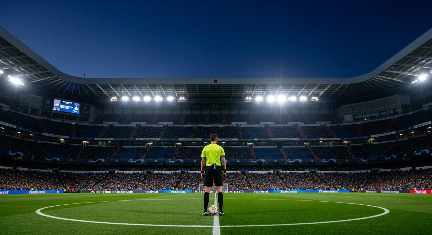 A solitary referee stands at the center circle of a brightly lit football pitch inside the Santiago Bernabéu stadium at night, symbolizing the upcoming UEFA Champions League match between Real Madrid and AS Monaco, officiated by Espen Eskås.