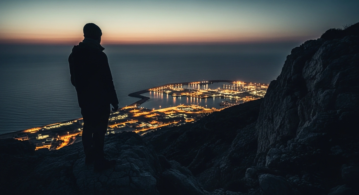 A mysterious figure stands on a cliff overlooking the strategic NATO and Greek naval facilities at Souda Bay in Crete during an investigation into espionage.