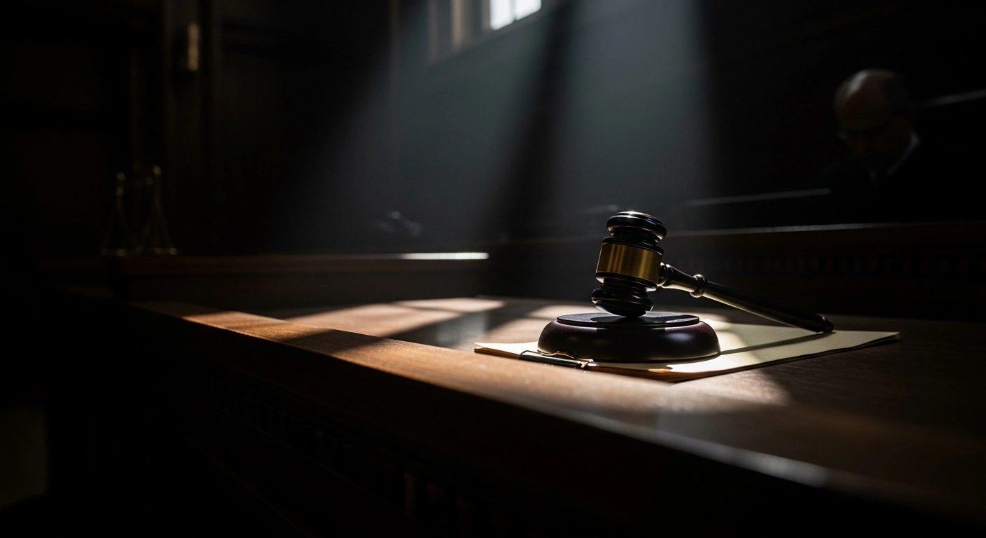 A judge's gavel rests on a legal pad on a dark wooden bench, dramatically lit, representing the federal judge's ruling that acting US Attorney Bill Essayli was unlawfully serving and disqualified from cases for exceeding interim appointment limits.