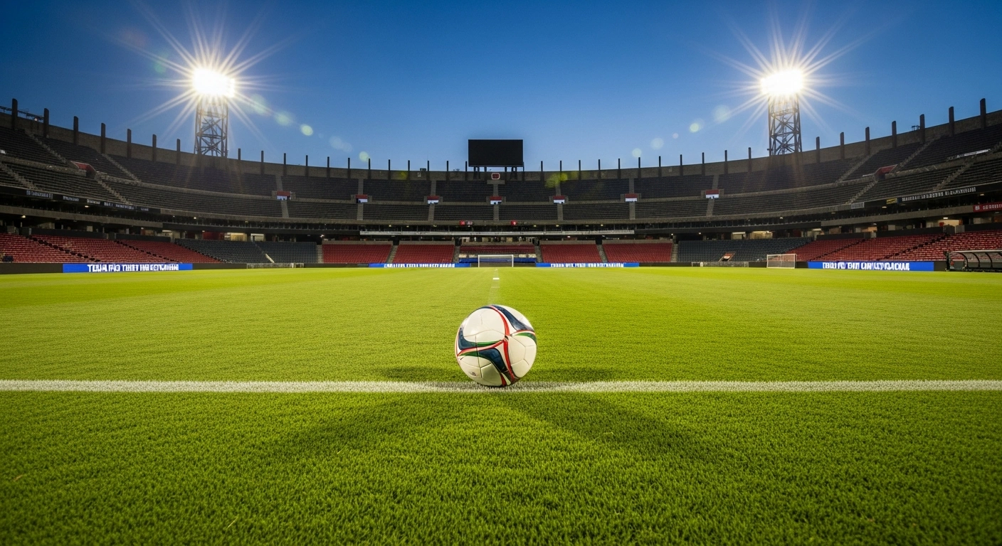 The historic Estadio Azteca in Mexico City is illuminated at twilight in preparation for the 2026 FIFA World Cup opening match.