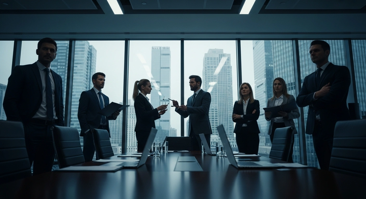 A group of UK estate agents stands in a boardroom as they prepare a class action lawsuit against the property portal Rightmove for excessive fees.
