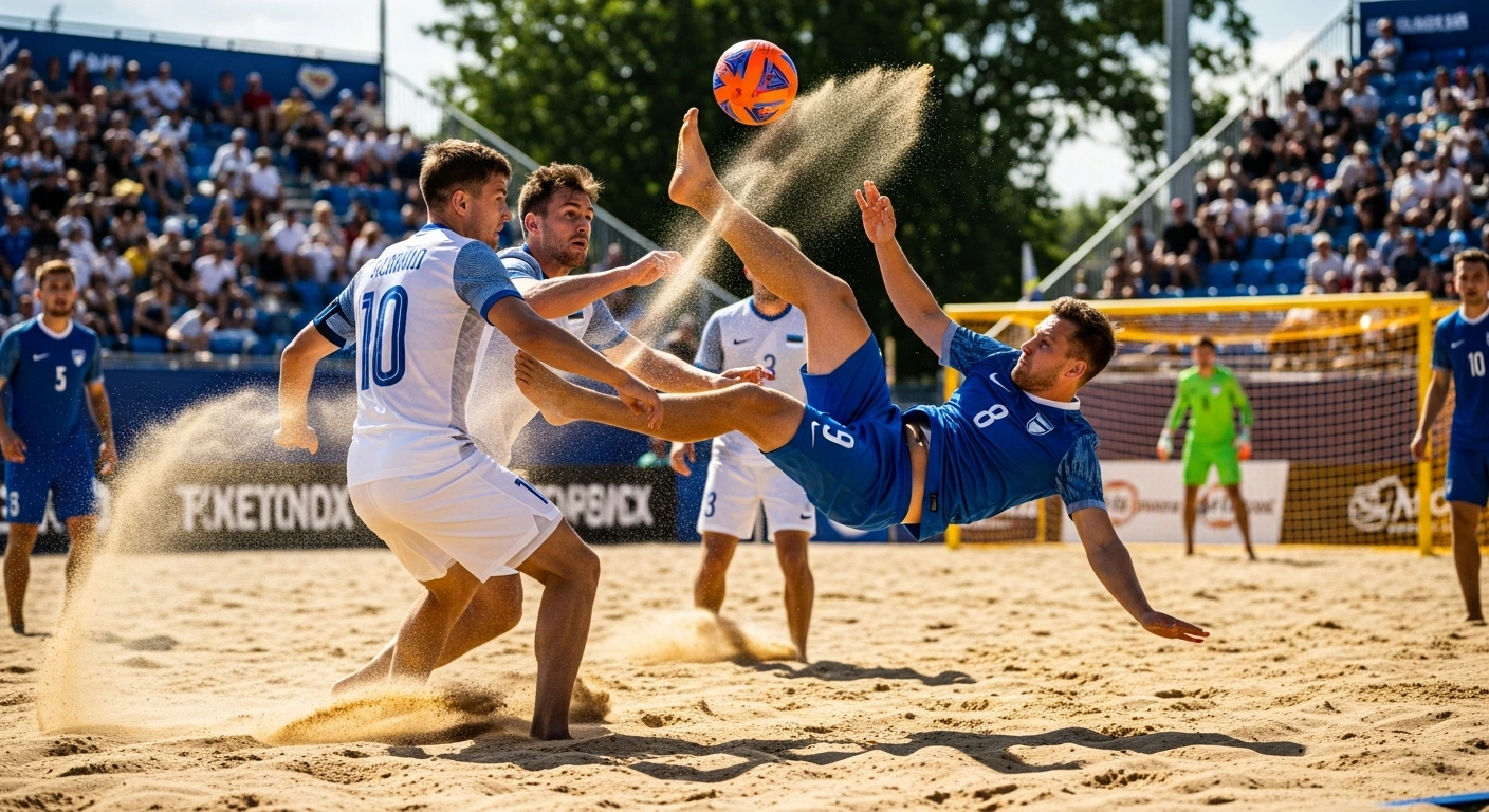 An Estonian beach soccer player performs a bicycle kick during a competitive match against Belgium in the Euro Beach Soccer League.