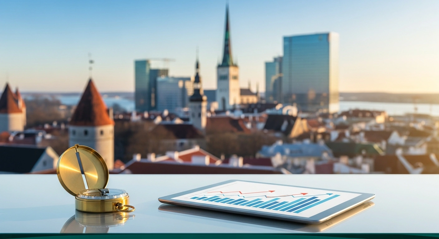 A modern cityscape of Tallinn at sunrise represents the economic growth forecast for Estonia by the European Bank for Reconstruction and Development.