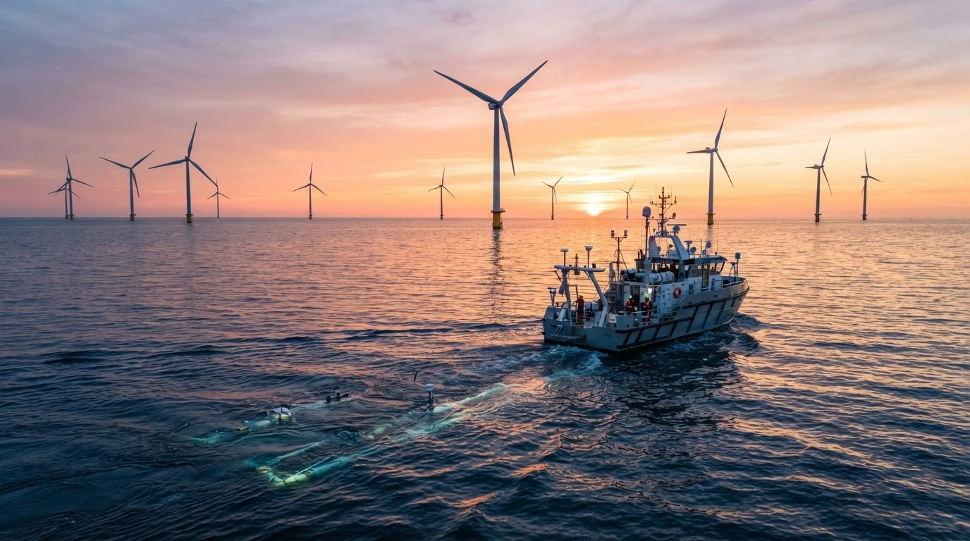 A research vessel conducts environmental water quality studies near the ELWIND offshore wind farm in the Baltic Sea.