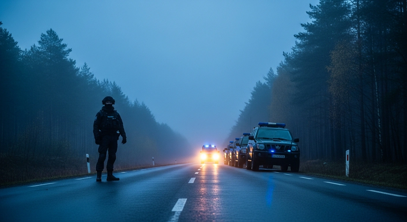 Estonian border guard units patrol a remote road near the Latvian border to monitor security and prevent illegal migration.