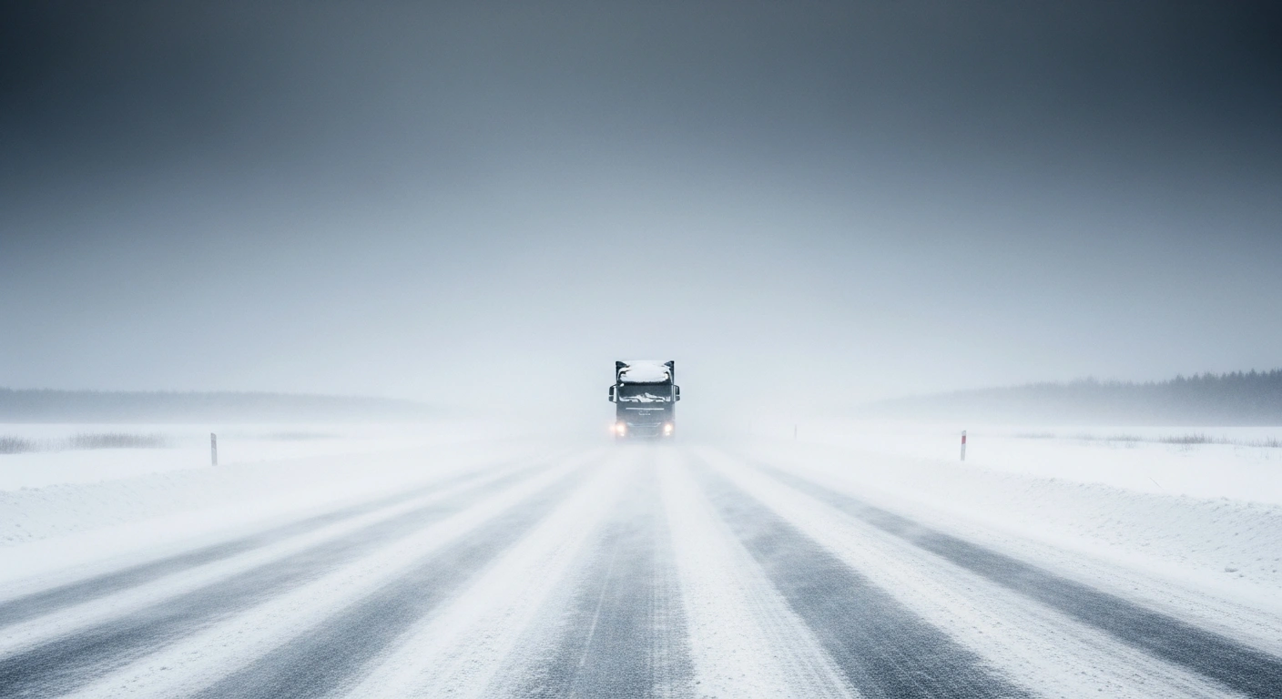 A snow-drifted highway in Estonia or Lithuania, with a partially obscured semi-truck and blinking hazard lights, amidst a severe blizzard and heavy snowfall, illustrating widespread travel disruptions due to an Arctic blast.