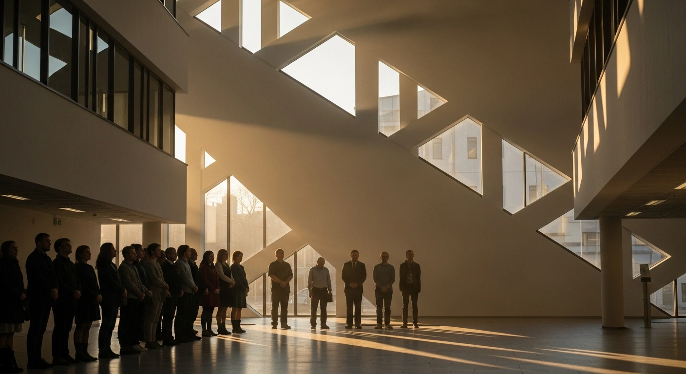 A group of people stands in a modern, sunlit hall in Estonia, representing the official registration of a new Muslim congregation.