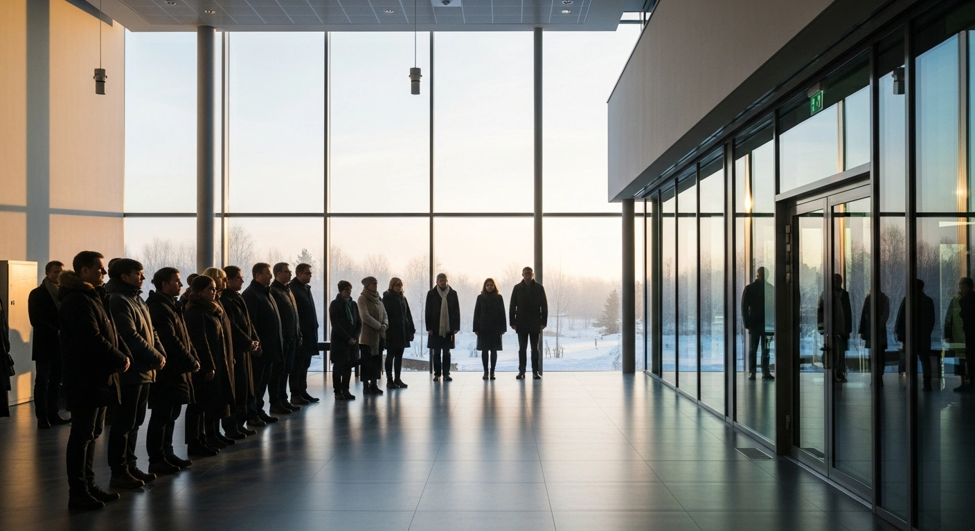 A group of people stands in a modern, sunlit hall in Estonia, representing the newly registered Muslim congregation within the country's religious landscape.