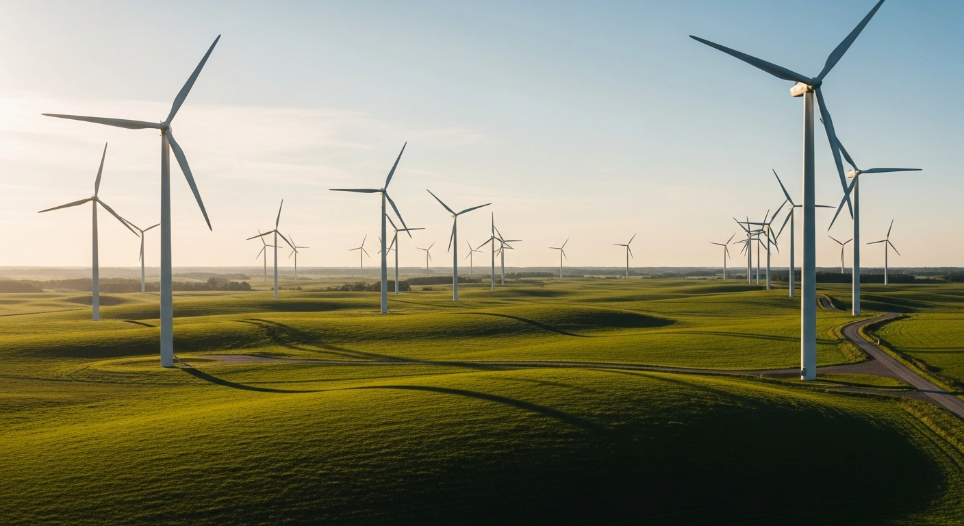 Modern wind turbines stand in a lush Estonian field during a sunset to represent the nation's new renewable energy auction for onshore wind power.
