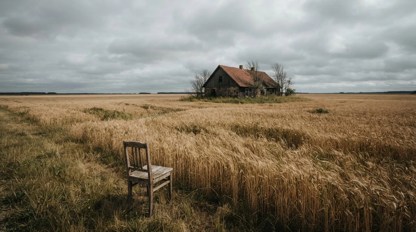 An abandoned farmhouse stands in a vast field in Estonia, symbolizing the nation's population decline since 1991.