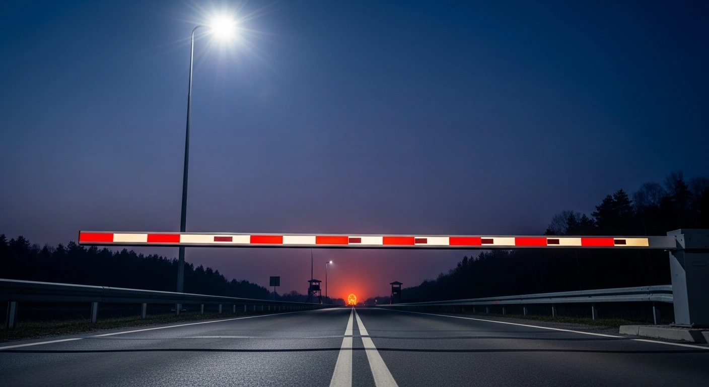 A desolate, temporarily closed border crossing barrier at the Saatse border between Estonia and Russia, illuminated by a cold floodlight under a twilight sky, with a faint, ominous glow in the distance hinting at the reported large presence of Russian military personnel.