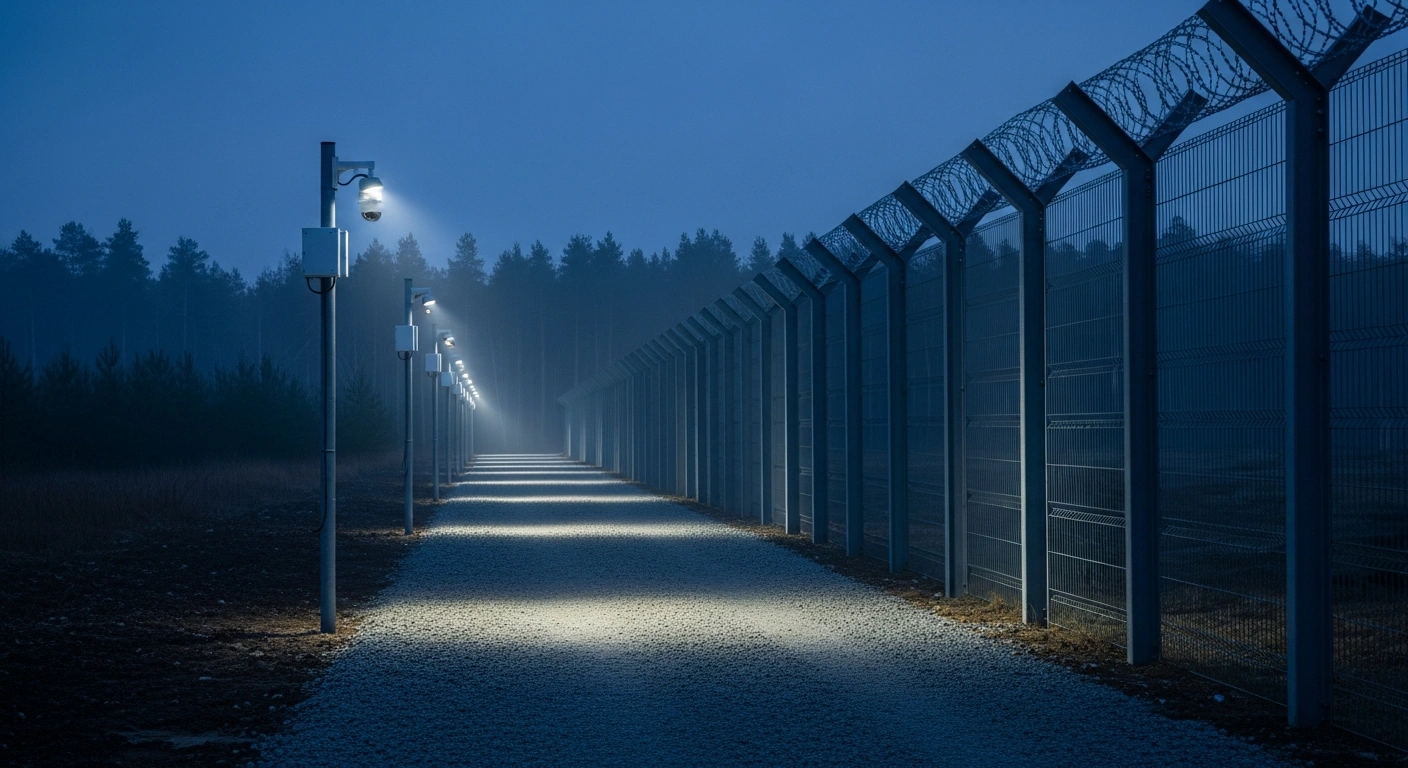 A newly constructed steel border fence with surveillance cameras stands along the frontier between Estonia and Russia.