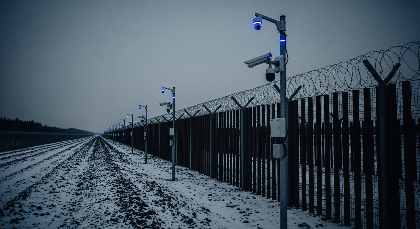A newly constructed high-security border fence with surveillance technology stands along the Estonian frontier with Russia during a cold twilight.