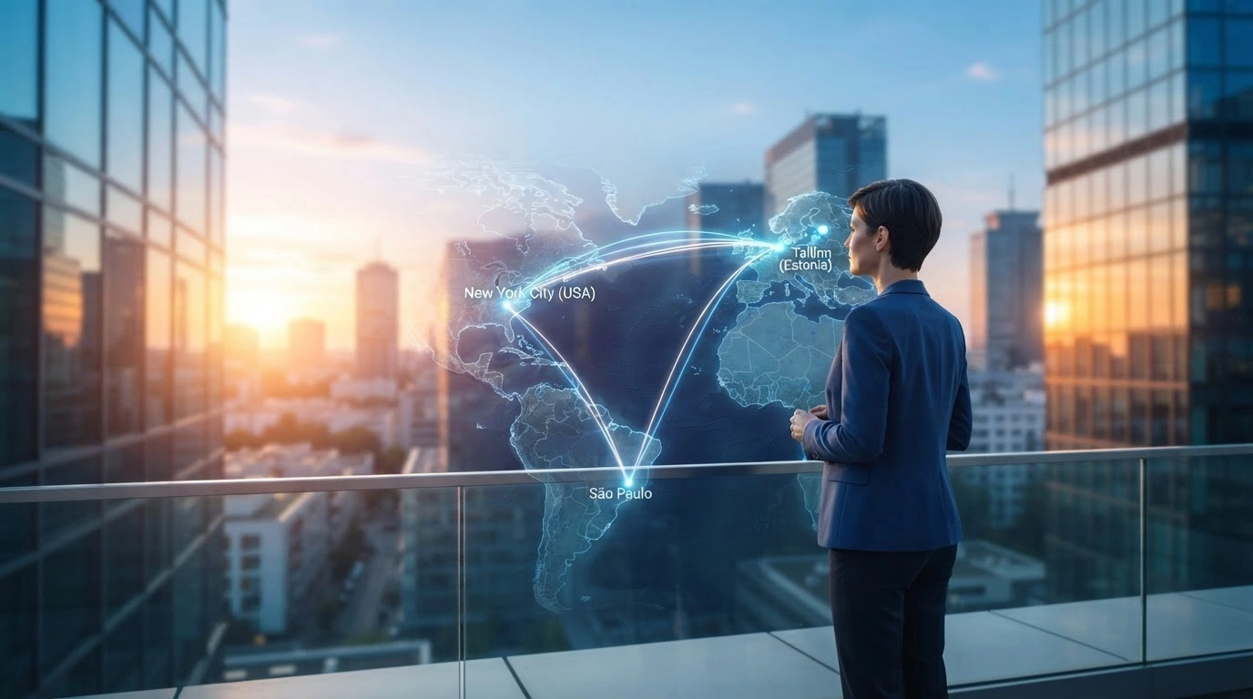A professional stands on a balcony overlooking a digital map connecting Estonia to the United States and Brazil to represent the Tehnopol export project.