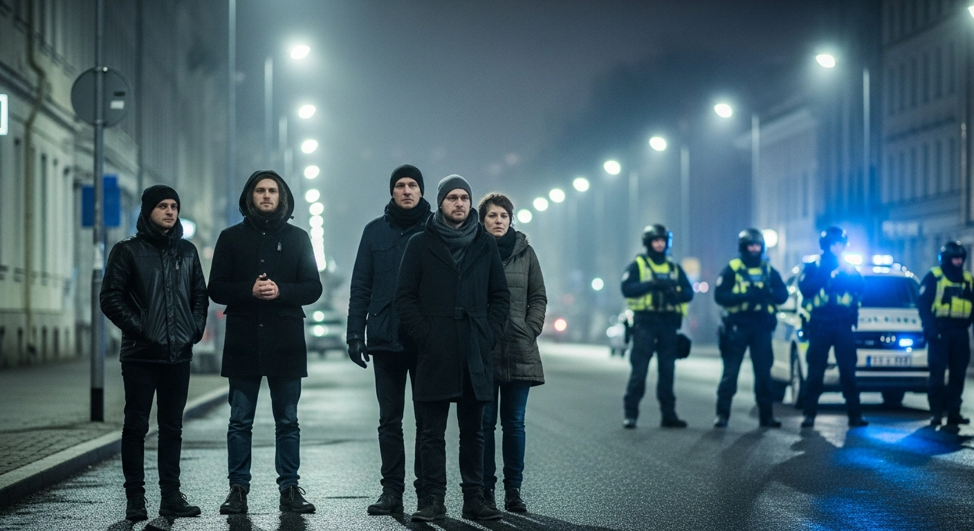 Estonian law enforcement officers detain a group of migrants in the city of Tallinn following an illegal border crossing from Belarus.