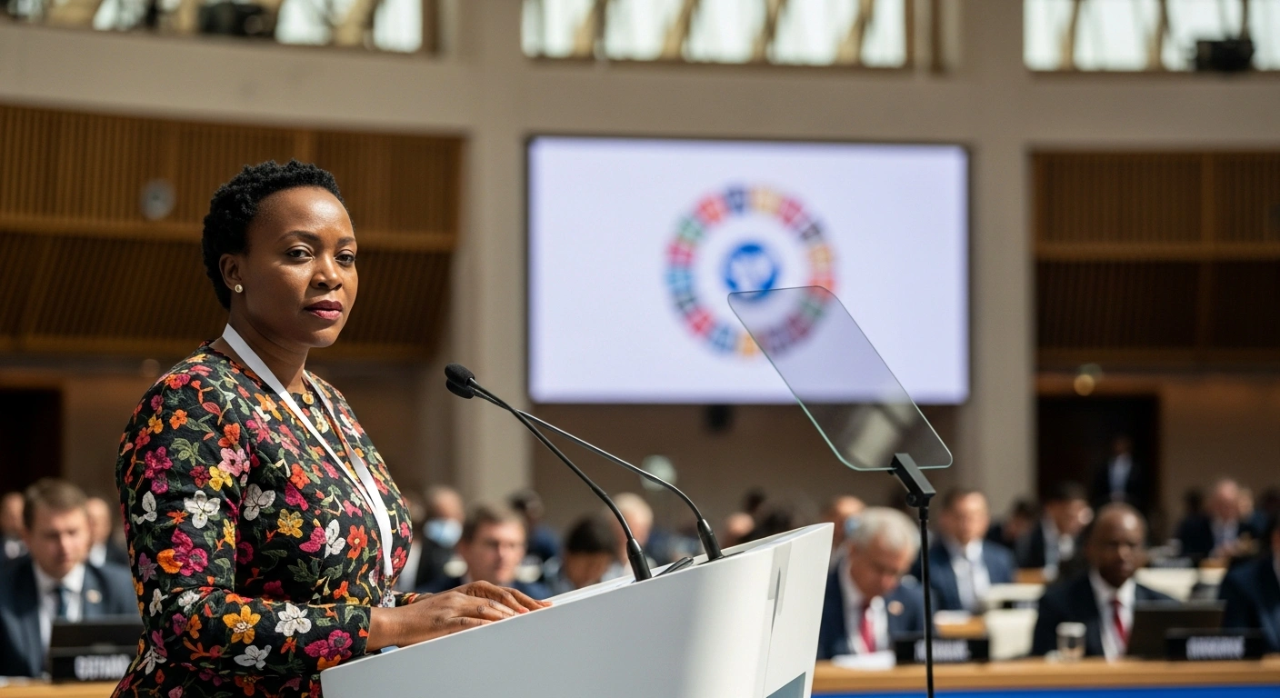 Deputy Prime Minister Thulisile Dladla stands at a sleek podium in a grand conference hall in Doha, Qatar, addressing delegates at the Second World Summit for Social Development on Eswatini's commitment to inclusive and sustainable development.