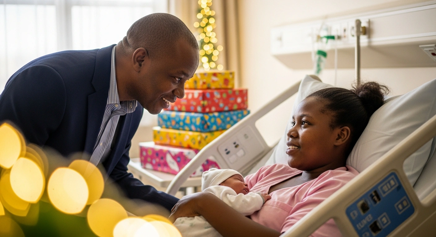 Eswatini's Minister of Health, Mduduzi Matsebula, smiles warmly at a mother holding her newborn baby in a hospital ward, surrounded by colorful gift boxes and subtle Christmas lights, symbolizing the distribution of gifts at Mbabane Government Hospital.