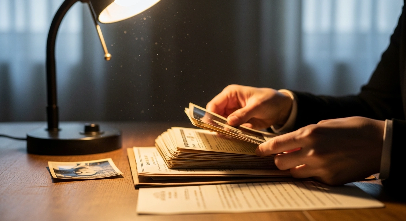 A person carefully examines old documents and faded photographs on a wooden table under soft lamplight, symbolizing the renewed identity searches for individuals disappeared during Argentina's 1976-1983 civil-military dictatorship, spurred by the Netflix series 'The Eternaut'.