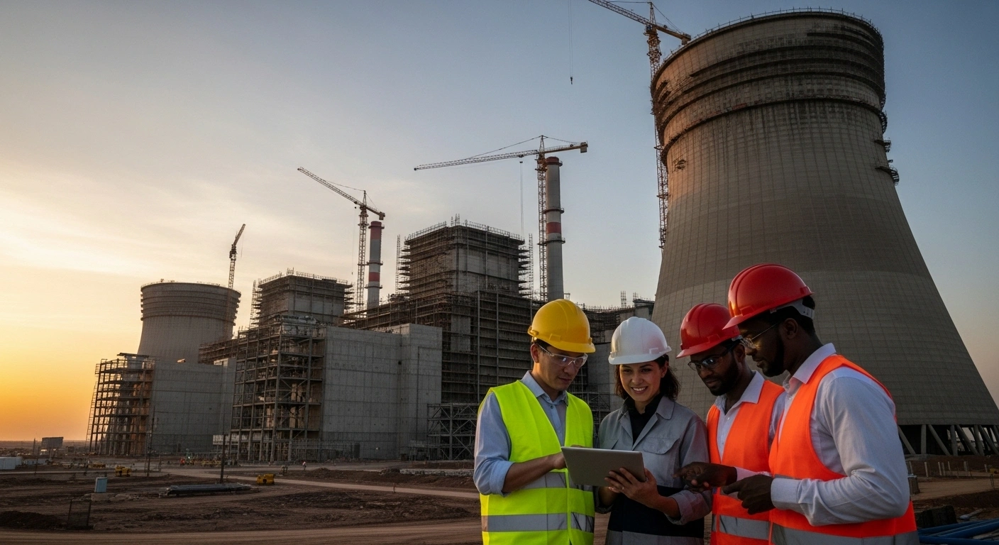 A photorealistic image captures a modern nuclear power plant under construction at dusk in an arid African landscape, with towering cooling towers and a diverse team of engineers reviewing plans, symbolizing Ethiopia and Niger's ambitious collaboration with Russia's Rosatom for future energy security and development.