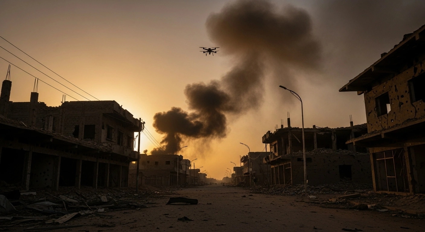 A wide, low-angle shot at dawn reveals a devastated street in an Ethiopian town near Woldia in the Amhara region, with thick smoke rising from damaged buildings and debris scattered after recent drone strikes, indicating civilian casualties and property damage.