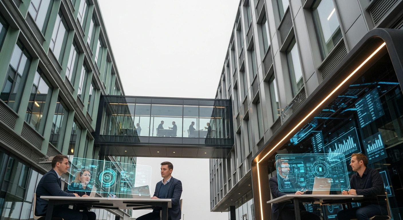 A modern architectural scene features two distinct, sophisticated buildings, one with subtle green accents and the other with a sleek steel finish, connected by a luminous walkway, where a diverse team of engineers collaborates on interactive digital schematics, representing the expanded expertise and team of Ethos Engineering after acquiring 3DEC Ltd.