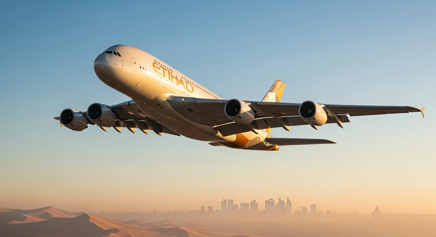 An Etihad Airways Airbus A380 aircraft flies through the sky as it operates an expanded flight service between Abu Dhabi and Paris.