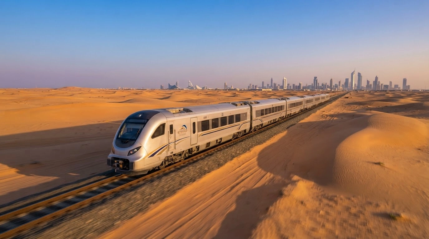 A modern Etihad Rail passenger train travels through the desert landscape of the United Arab Emirates to connect major cities.