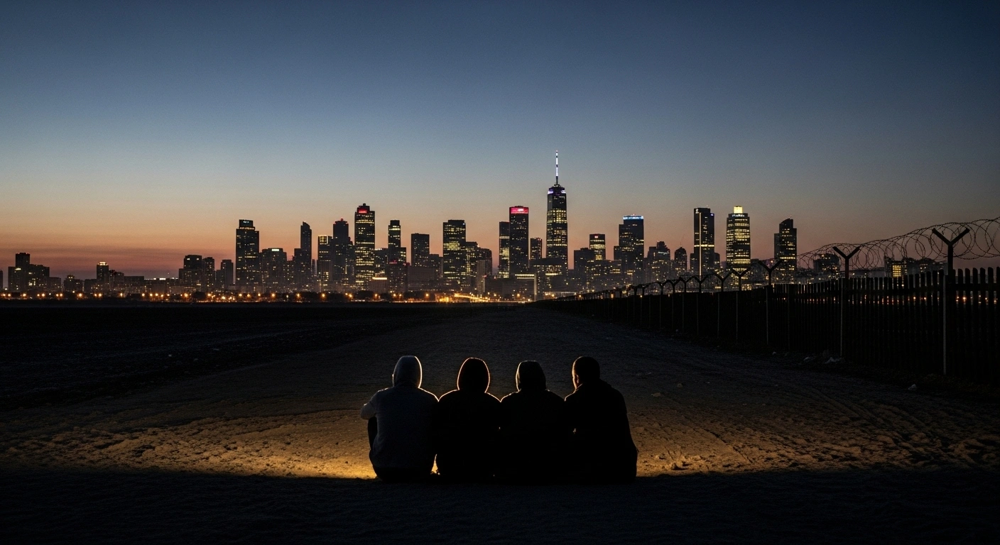 A wide, low-angle shot depicts several silhouetted figures standing in a desolate, dusty landscape at twilight, looking towards a distant, brightly lit European city skyline, with a subtle border fence in the midground, symbolizing the complex issue of European nations urging the return of Afghan nationals.