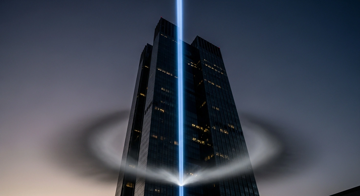 A towering, modern architectural marvel, reminiscent of a fortified European institution, stands silhouetted against a dramatic, pre-dawn sky, with an intense beam of light originating from its highest point slicing downwards, illuminating swirling, shadowy mist at its base, symbolizing the European Union's new Authority for Anti-Money Laundering and Countering the Financing of Terrorism (AMLA) centralizing supervision and enforcing stricter rules.