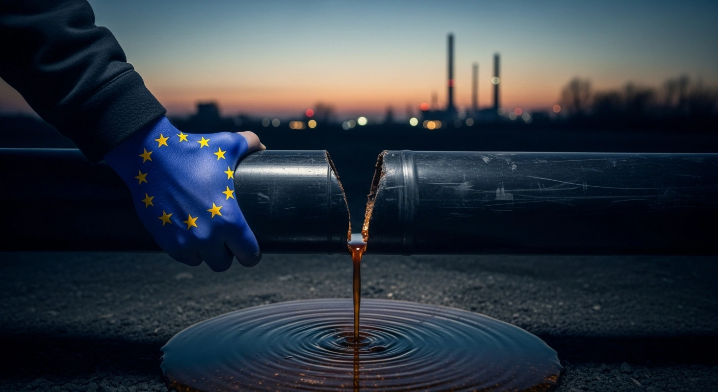 A hand adorned with European Union colors decisively severs a dark pipeline in an industrial setting, symbolizing the European Commission's initiative to phase out Russian and Belarusian imports and cut funding to the Russian state.