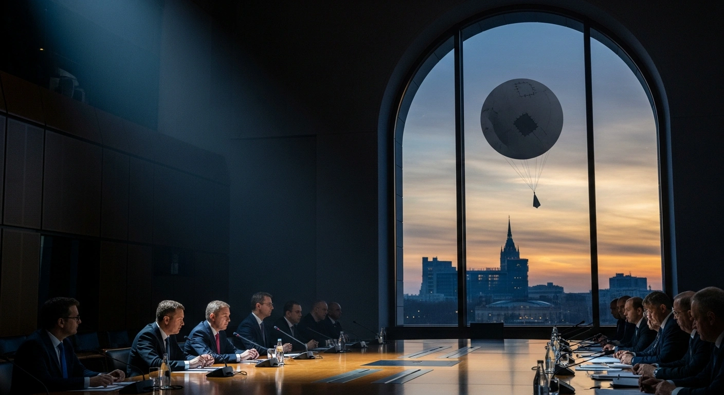 A large, crudely patched smuggling balloon floats ominously past the window of a European council chamber, representing the hybrid attacks from Belarus that are leading the European Union to expand sanctions, as discussed by Lithuania's Foreign Minister.