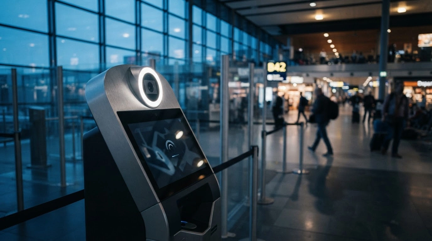 A high-tech biometric scanning kiosk stands in a European airport terminal following the delay of the European Union's new Entry-Exit System.