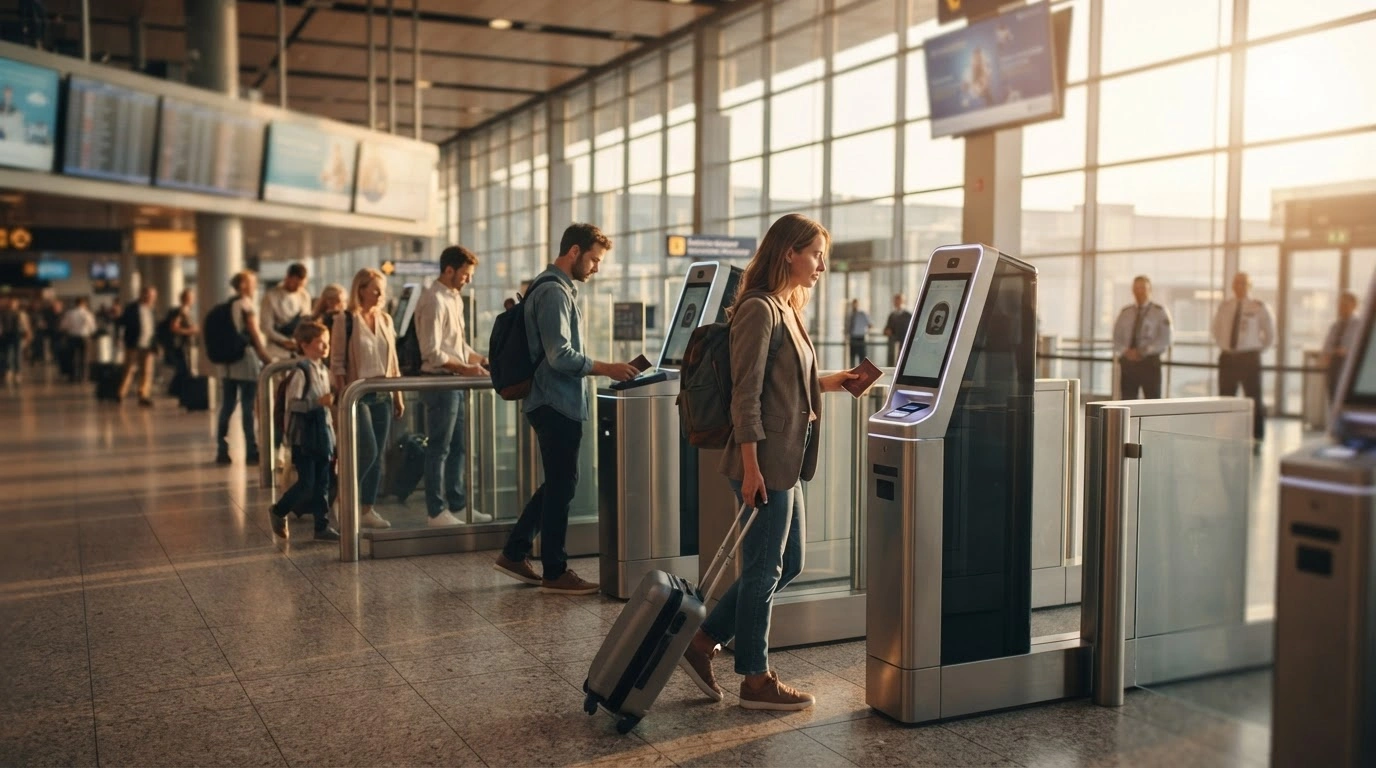 Travelers pass through modern biometric scanning gates at a busy European airport terminal during the phased implementation of the new Entry/Exit System.