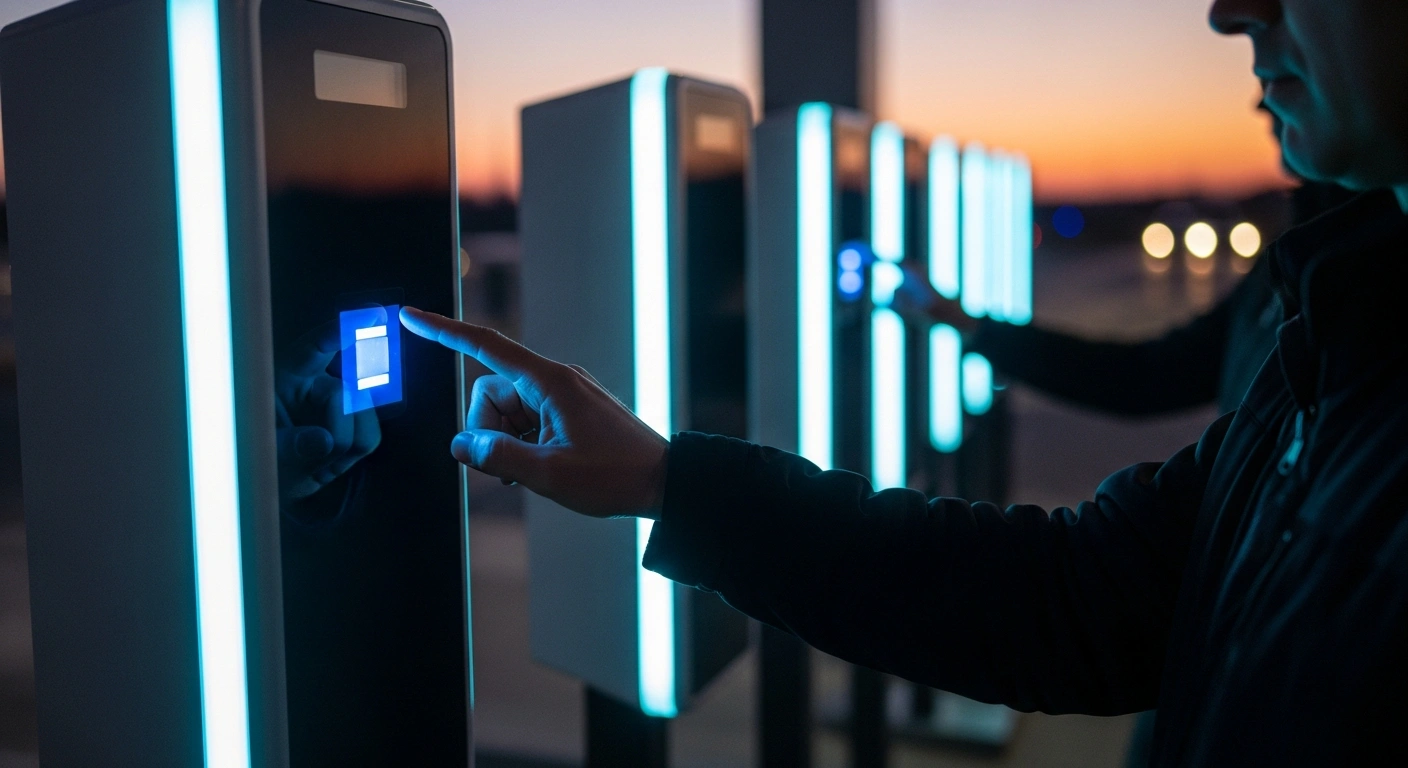 A traveler uses a modern biometric scanner at a sleek, digital border crossing, symbolizing the European Union's Entry/Exit System streamlining checks for non-EU citizens.
