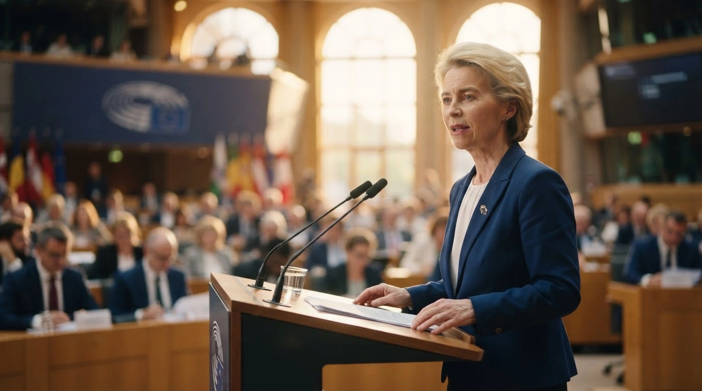European Commission President Ursula von der Leyen speaks at a podium in Strasbourg to propose a new strategic associate membership framework for Canada within the European Union.