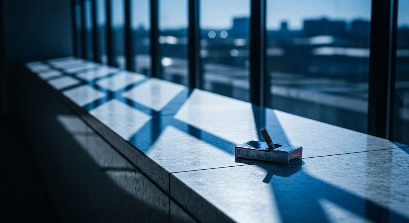 A discarded cigarette pack sits on a ledge in front of a modern European government building as the European Commission challenges Luxembourg over tobacco excise duties.