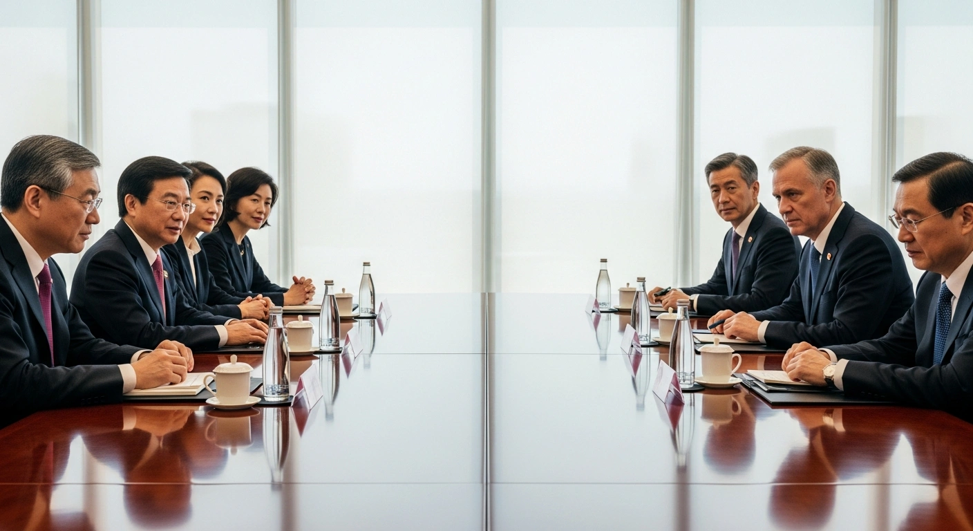 A delegation from the European Parliament meets with Chinese officials in a formal conference room to discuss trade and geopolitical stability.