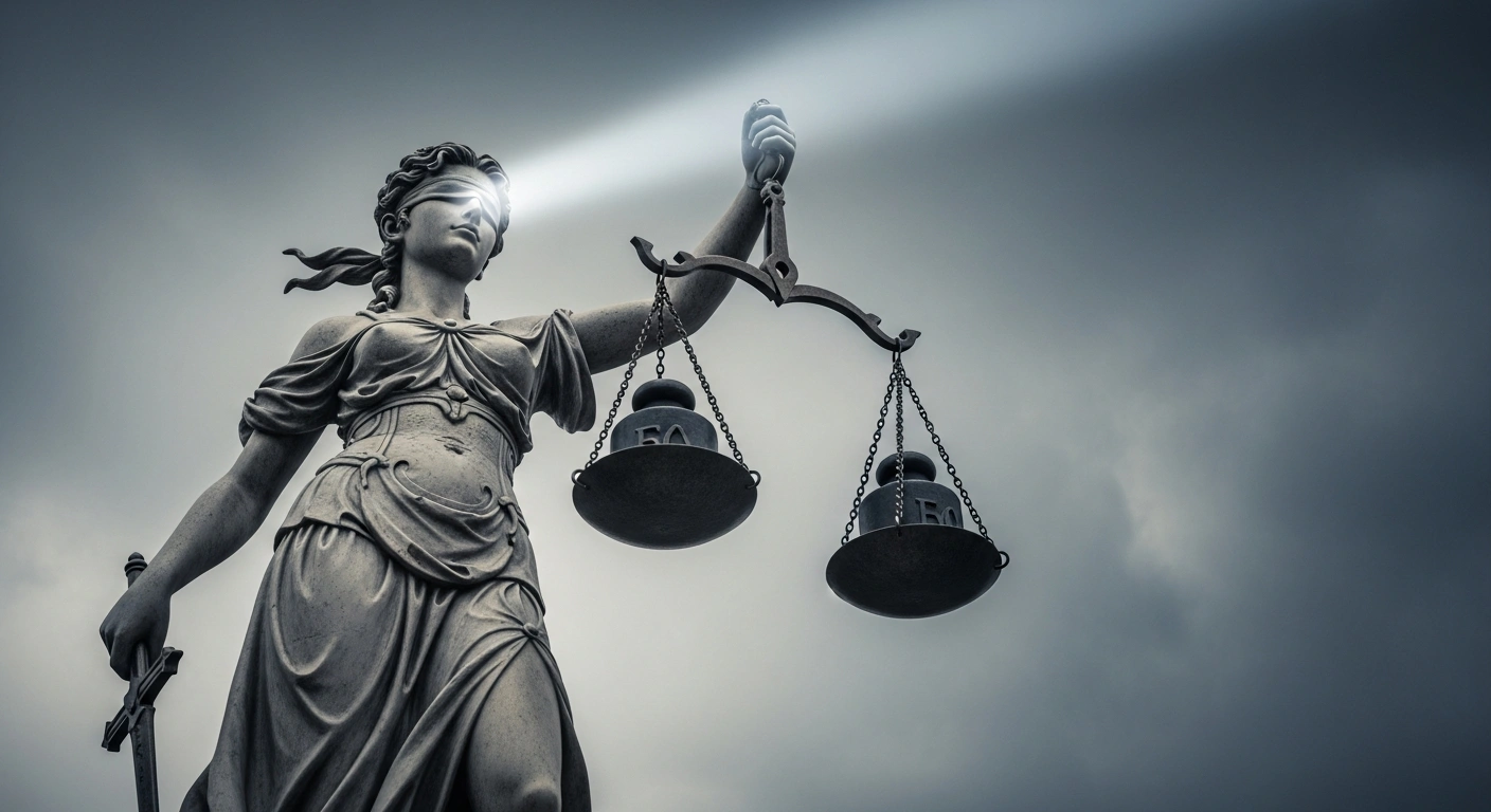 A weathered marble statue of Lady Justice with dramatically unbalanced scales, one pan heavily weighted, stands against a stormy sky, symbolizing Belgium and European nations' condemnation of US sanctions on International Criminal Court judges and their support for the court's independence.