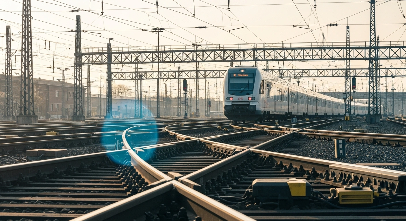 A modern passenger train travels through a complex German rail network infrastructure following a European Court of Justice ruling on tariff regulations.