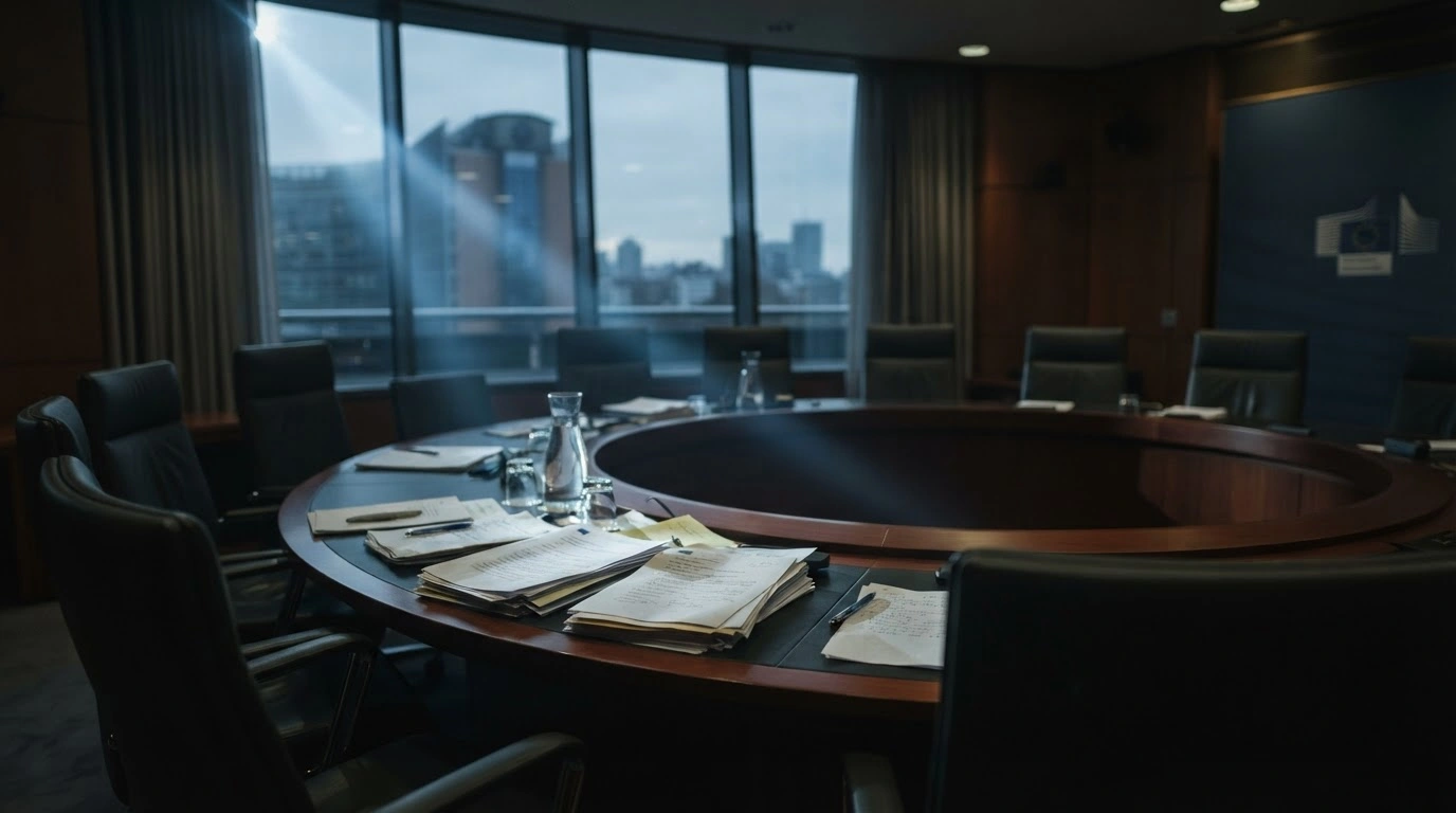 An empty boardroom table in the European Union headquarters represents the cancellation of Kaja Kallas's proposed defense advisory group due to member state opposition.