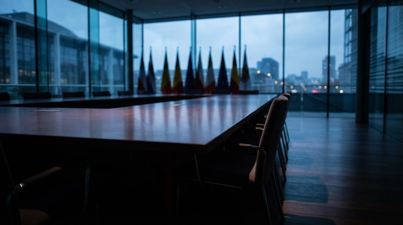 An empty, dimly lit European conference room symbolizes the cancellation of the EU defense advisory group by Kaja Kallas.