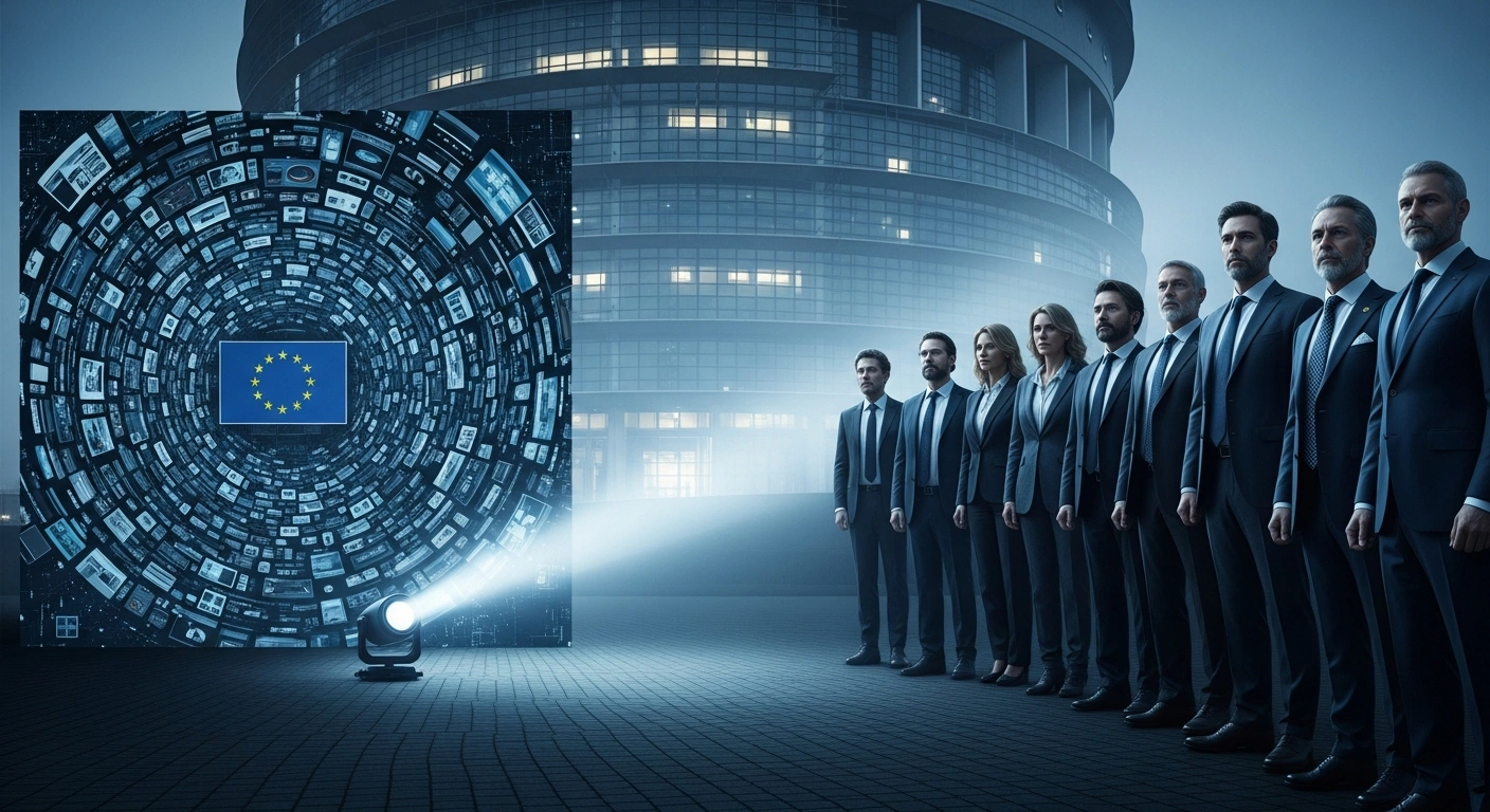 Nine figures representing European Union member states stand united before a grand European parliament building, their gaze fixed on a colossal digital monolith symbolizing major e-commerce platforms like Shein, Temu, and AliExpress, under a powerful spotlight representing intensified efforts by the European Commission to enforce the Digital Services Act and enhance consumer protection.