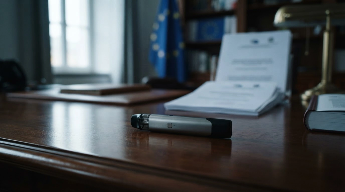 A modern electronic cigarette sits on a desk in a government office as the European Union considers new excise tax regulations for e-liquids.