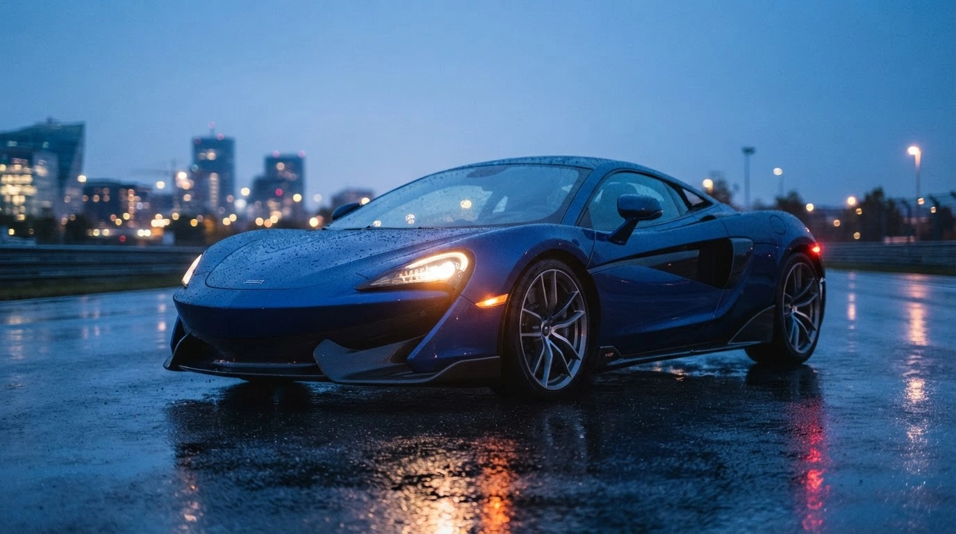 A modern sports car designed for climate-neutral e-fuels is parked on a track, representing the European agreement to allow combustion engines beyond 2035.