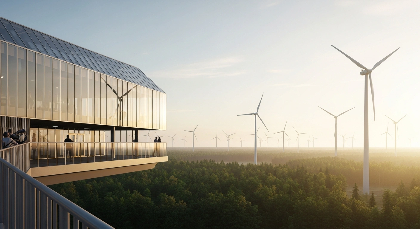 A modern industrial landscape featuring wind turbines and green energy infrastructure represents the European Union's commitment to the Emissions Trading System and carbon neutrality.