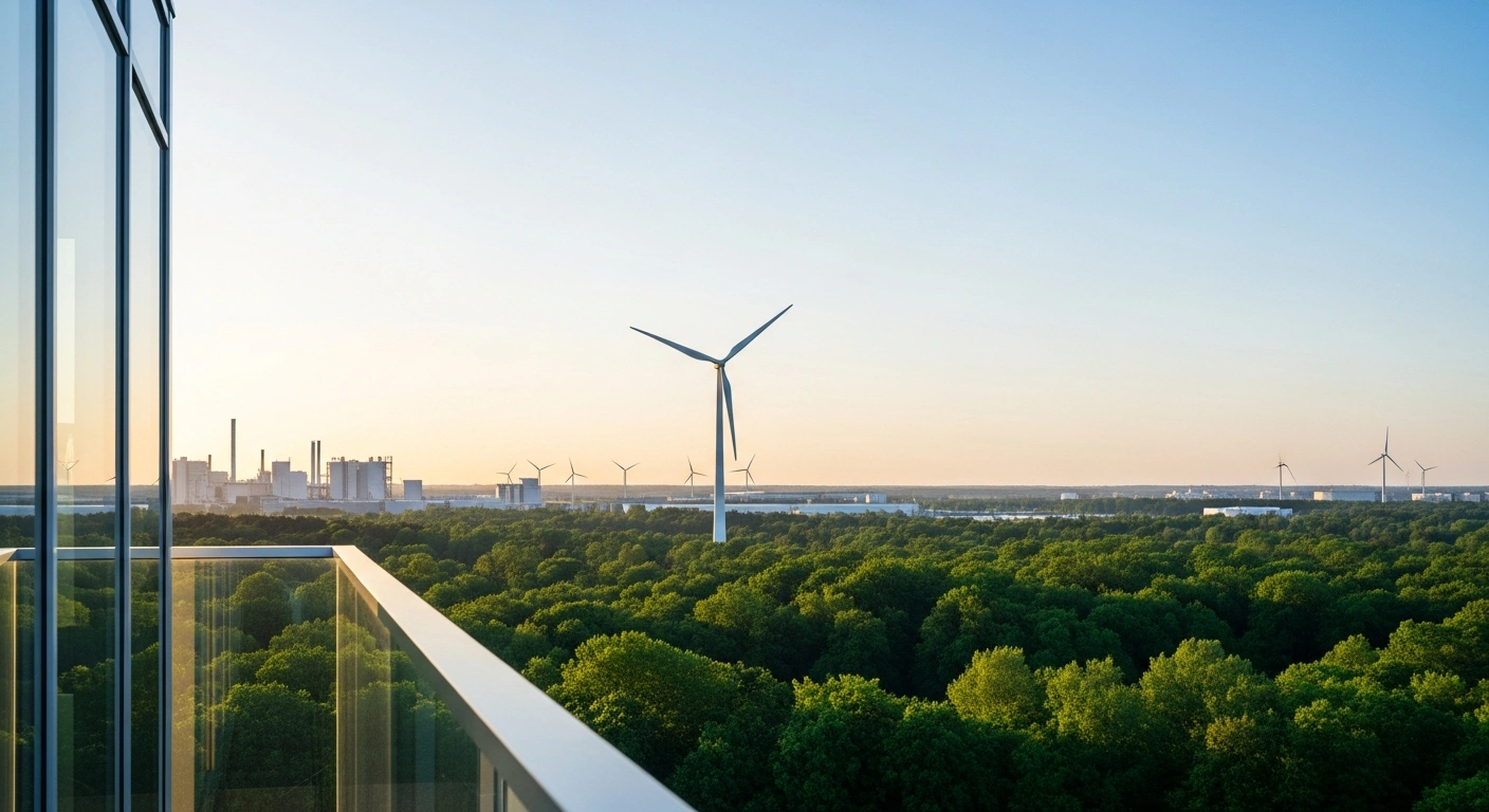 A modern wind turbine stands in a landscape that blends industrial infrastructure with natural greenery to represent the EU Emissions Trading System and climate policy.