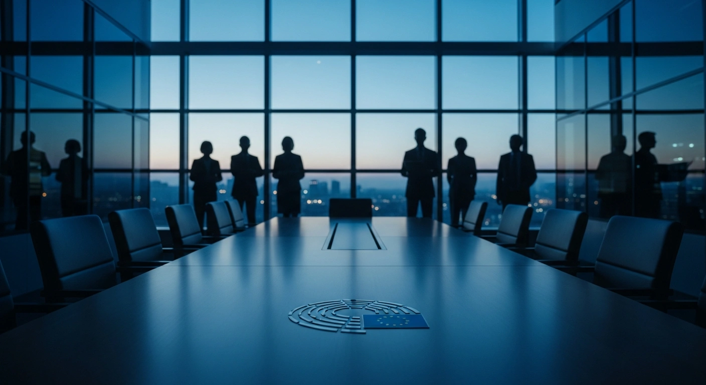 A modern European conference room with silhouettes of diplomats discussing the European Union enlargement process and associate membership proposals.