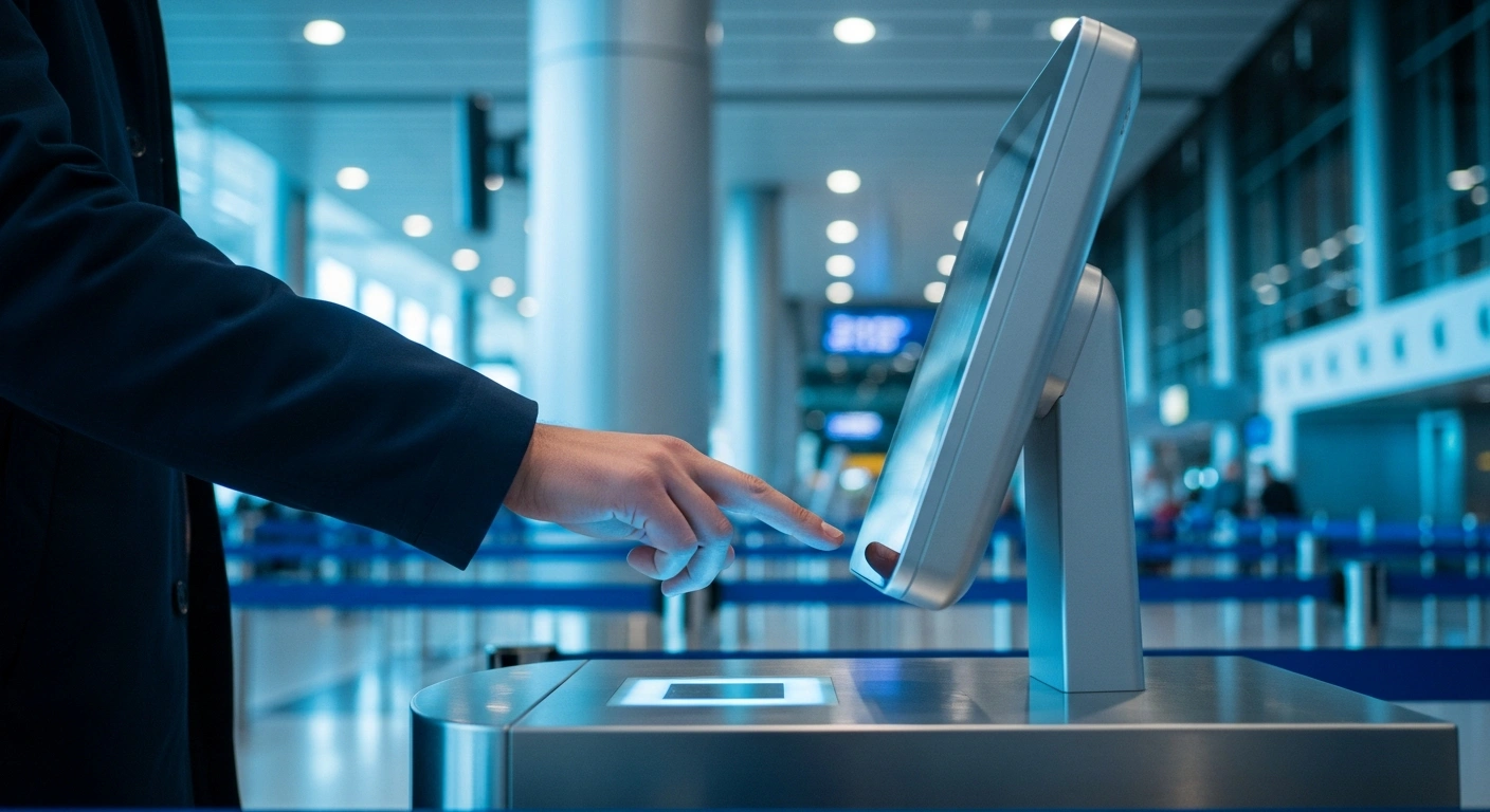 A traveler uses a biometric scanner at an automated border control kiosk at Vienna International Airport as part of the European Union's new Entry-Exit System.